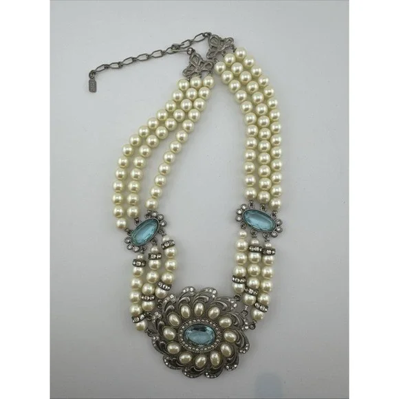VTG 1928 Faux Pearl 3 Strand Choker Necklace Blue Clear Stones LRG Pendant - Picture 14 of 14